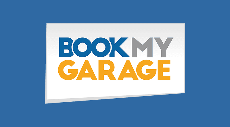 BookMyGarage logo in white box on blue background