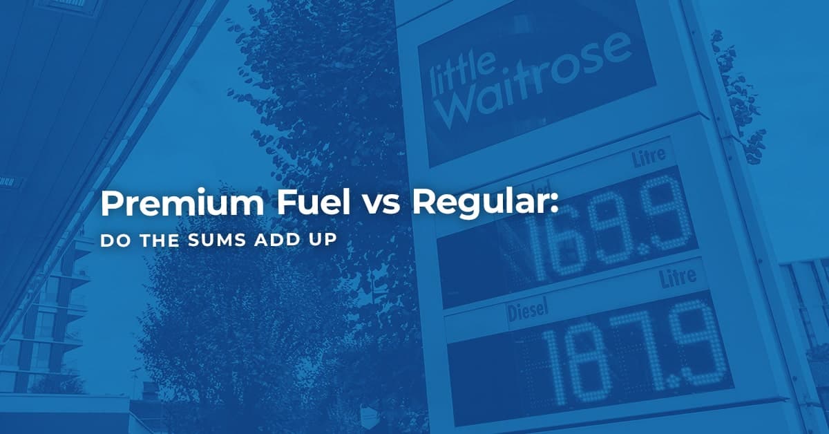 Price of premium and regular fuel at UK fuel station with article title overlayed