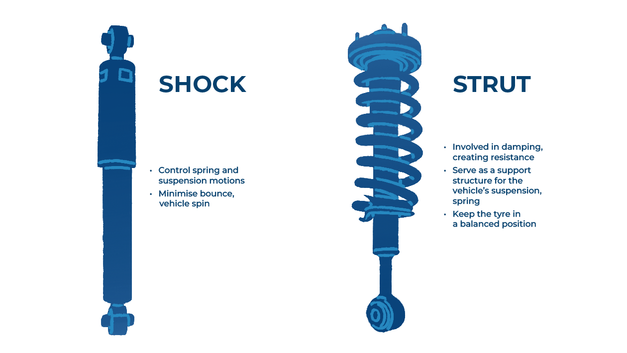 A diagram showing the differences between shocks and struts.