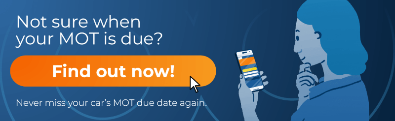 BookMyGarage branded illustration depicting a person looking thoughtfully at their phone checking their MOT due date